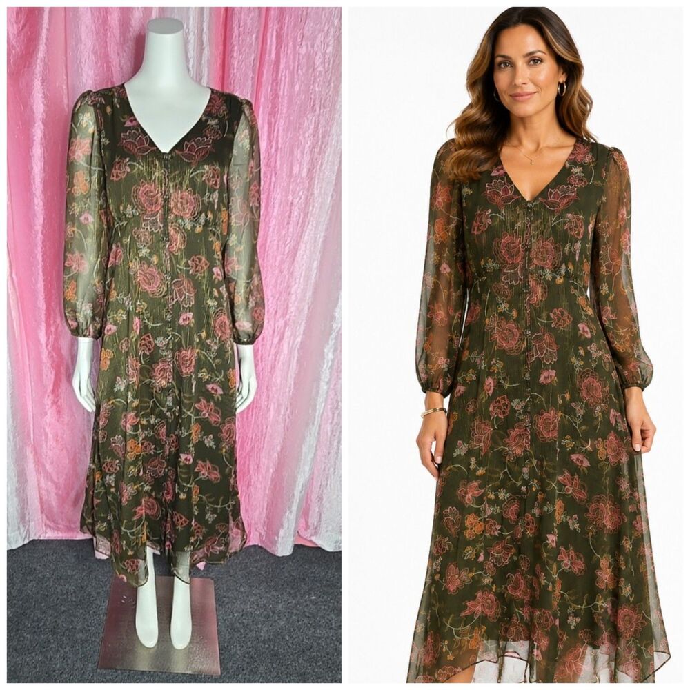 Talbots Graceful Floral Metallic Stripe Green Overlay Midi Dress Size 4